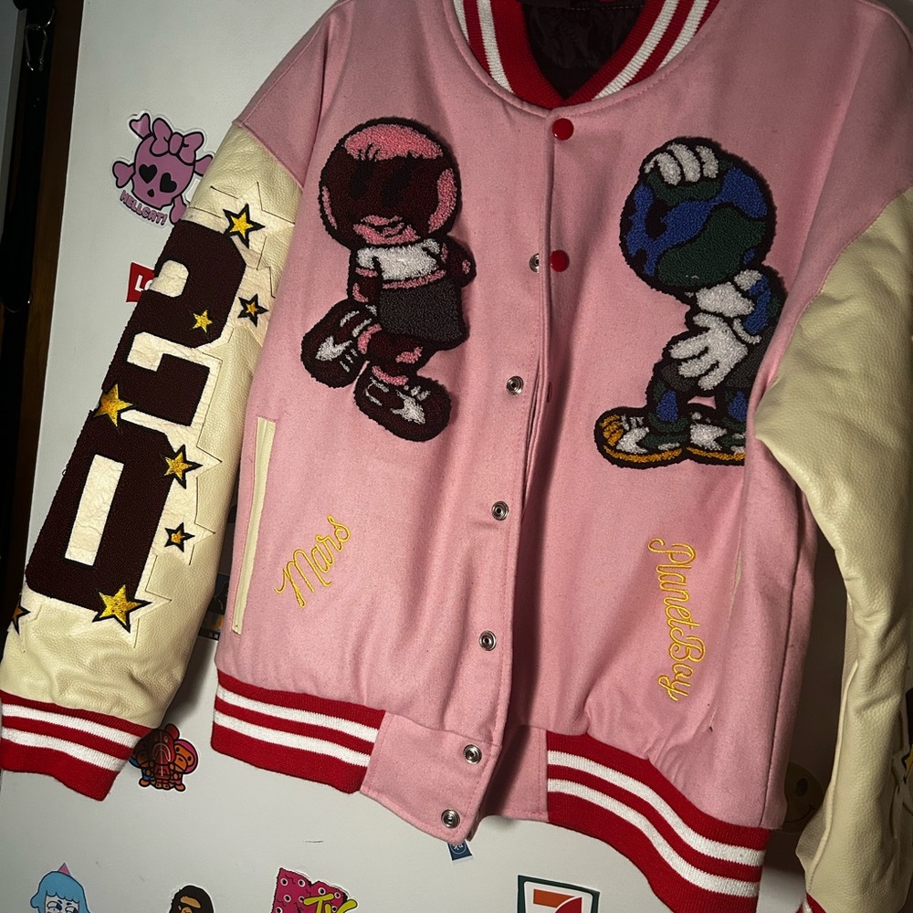 Pink and Cream Varsity Jacket with Cartoon Graphics